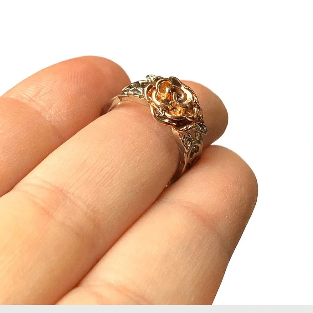 Sterling Silver Rose Ring Rose Gold Plated Flower Open Scrollwork Size 6 1/2